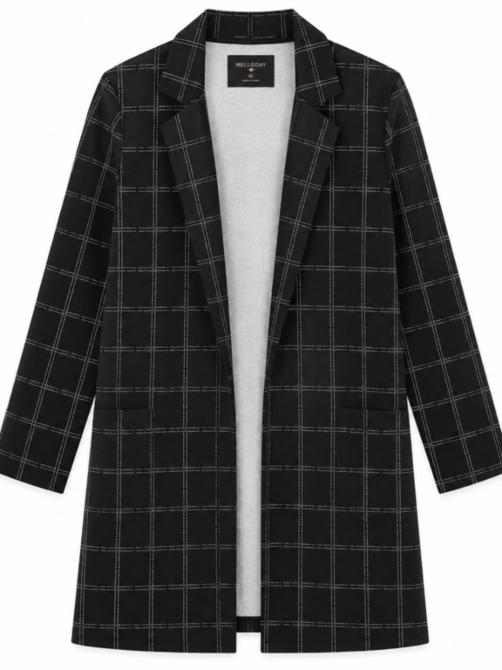 XL MELLODAY Formal Long  Blazer/Overcoat Open Front Windowpane Black/White